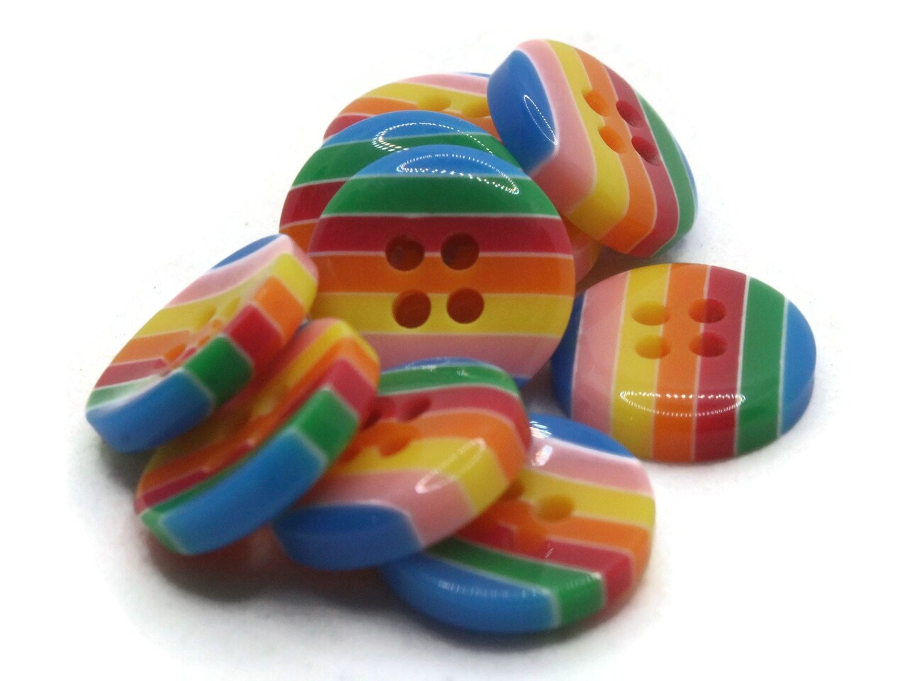 10 13mm Rainbow with Blue Ends Striped Resin Flat Round Plastic Four Hole Buttons